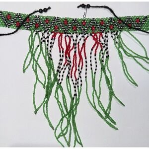 Vintage Beaded Choker Necklace Green Black Red Bead Design Fringe Hoop Closure
